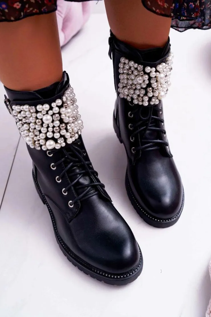 Online Boto Botki Damskie Płaski Obcas Militarne Czarne Bemmer