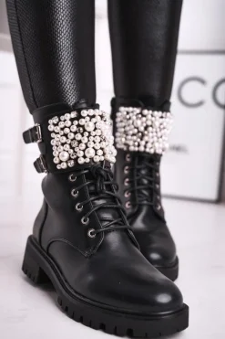 Boto Botki Sznurowane|Czarne Botki*Botki Damskie Płaski Obcas Militarne Czarne Bemmer