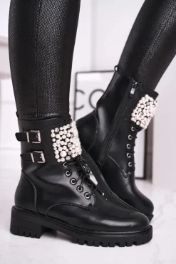 Boto Botki Sznurowane|Czarne Botki*Botki Damskie Płaski Obcas Militarne Czarne Bemmer