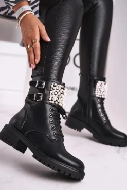 Boto Botki Sznurowane|Czarne Botki*Botki Damskie Płaski Obcas Militarne Czarne Bemmer