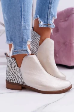 Outlet Boto Botki Damskie Płaski Obcas Wiosenne Skórzane Przecierane Złoto Madness