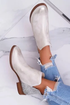 Outlet Boto Botki Damskie Płaski Obcas Wiosenne Skórzane Przecierane Złoto Madness