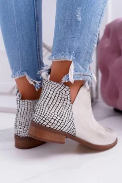 Outlet Boto Botki Damskie Płaski Obcas Wiosenne Skórzane Przecierane Złoto Madness