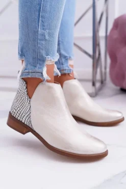 Outlet Boto Botki Damskie Płaski Obcas Wiosenne Skórzane Przecierane Złoto Madness