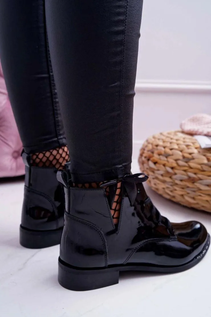 Outlet Boto Botki Damskie Płaski Obcas Lakierowane Czarne Nicole 2420