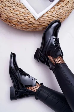 Outlet Boto Botki Damskie Płaski Obcas Lakierowane Czarne Nicole 2420