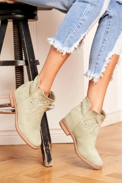 Best Boto Botki Damskie Płaski Obcas Zamszowe Ażurowe Zielone Raffe