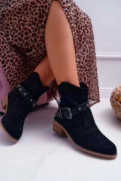 Hot Boto Botki Damskie Płaski Obcas Kowbojki z Klamrą Czarne Ewella