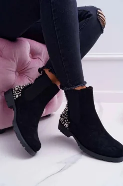 Damskie Boto Botki Damskie Płaski Obcas Dżety Ćwieki Czarne Binary