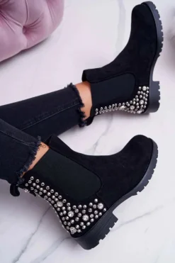 Damskie Boto Botki Damskie Płaski Obcas Dżety Ćwieki Czarne Binary