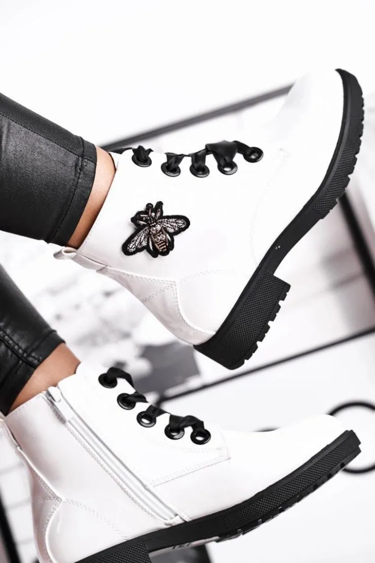 Damskie Buty Sergio Leone Botki Damskie Płaski Obcas Glany Lakierowane Białe Sergio Leone BT530