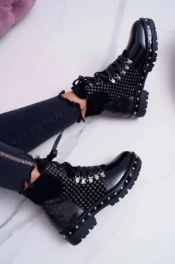 Damskie Boto Botki Damskie Płaski Obcas Czarne Farell