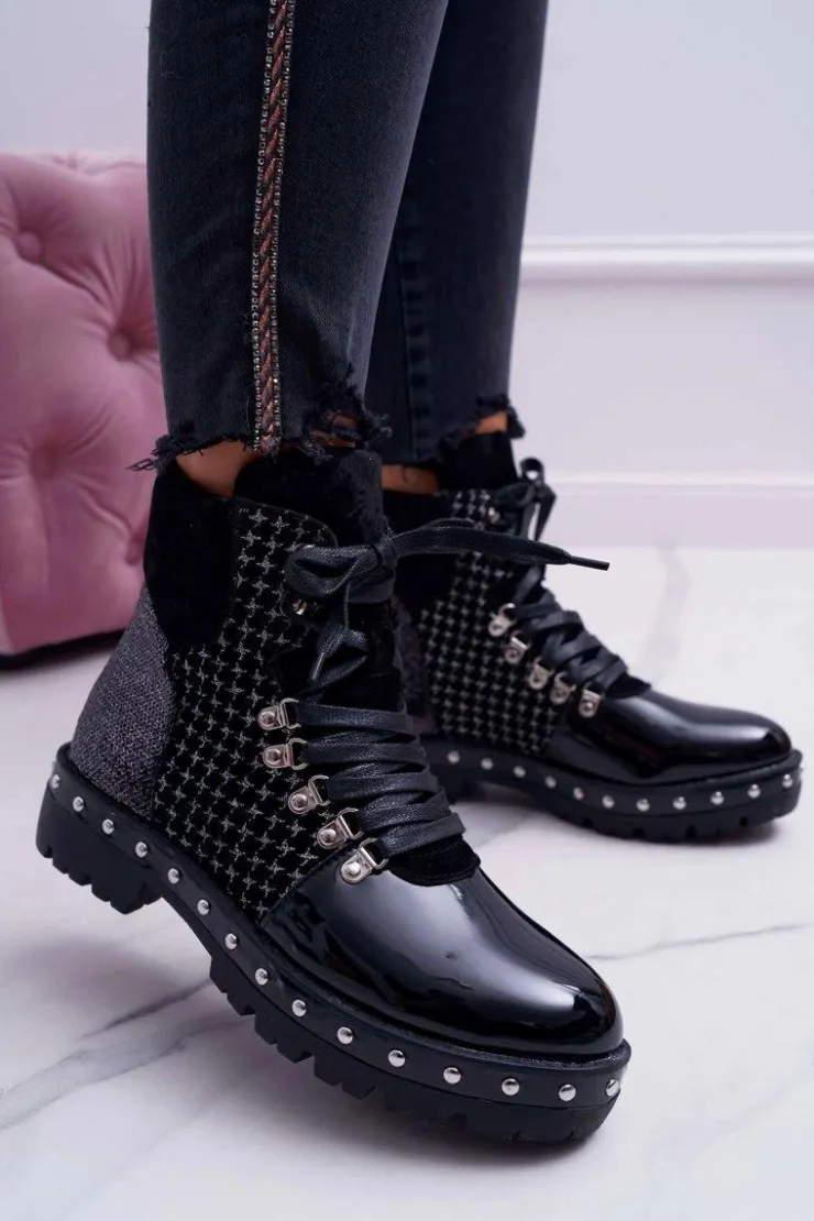 Damskie Boto Botki Damskie Płaski Obcas Czarne Farell