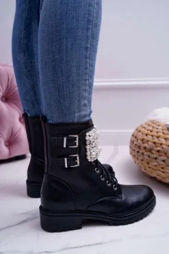 Boto Botki Zimowe Damskie|Botki Workery*Botki Damskie Płaski Obcas Militarne Czarne Bemmer