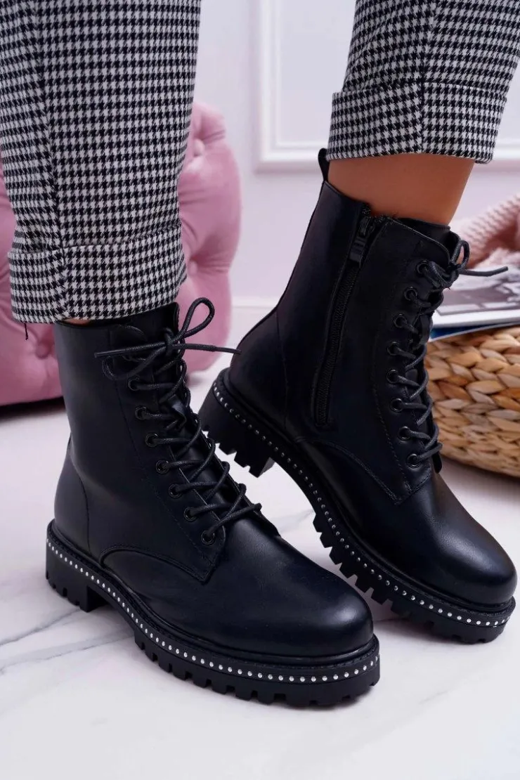 Outlet Boto Botki Damskie Płaski Obcas Wysokie Glany Czarne Hippe