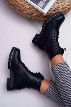 Outlet Boto Botki Damskie Płaski Obcas Wysokie Glany Czarne Hippe