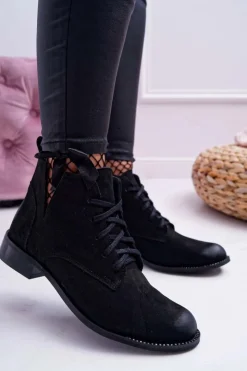 Boto Botki Wiosenne|Botki Sznurowane*Botki Damskie Płaski Obcas Nubuk Czarne Nicole 2420