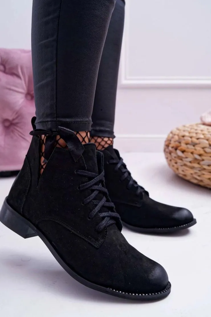 Boto Botki Wiosenne|Botki Sznurowane*Botki Damskie Płaski Obcas Nubuk Czarne Nicole 2420