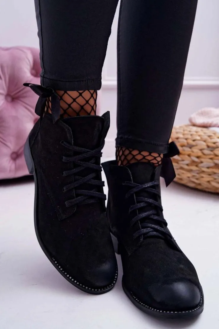 Boto Botki Wiosenne|Botki Sznurowane*Botki Damskie Płaski Obcas Nubuk Czarne Nicole 2420