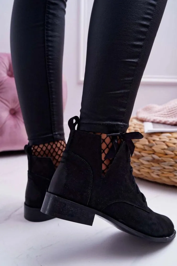 Boto Botki Wiosenne|Botki Sznurowane*Botki Damskie Płaski Obcas Nubuk Czarne Nicole 2420