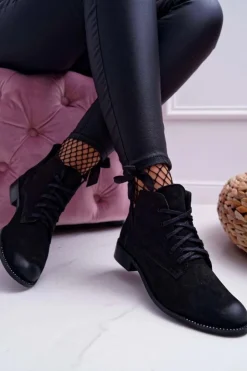 Boto Botki Wiosenne|Botki Sznurowane*Botki Damskie Płaski Obcas Nubuk Czarne Nicole 2420