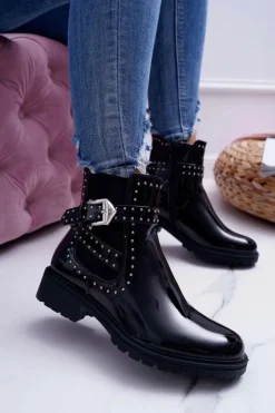 Damskie Boto Botki Damskie Płaski Obcas Ciepłe Lakierowane Czarne Verre