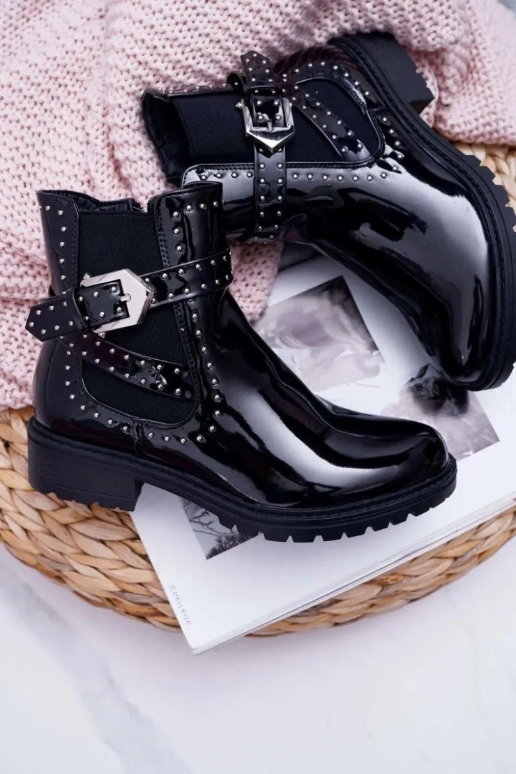 Damskie Boto Botki Damskie Płaski Obcas Ciepłe Lakierowane Czarne Verre