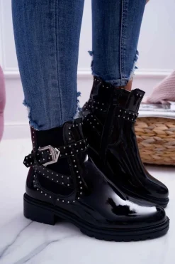 Damskie Boto Botki Damskie Płaski Obcas Ciepłe Lakierowane Czarne Verre