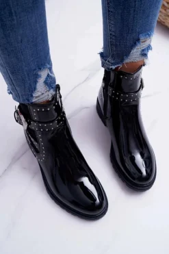 Damskie Boto Botki Damskie Płaski Obcas Ciepłe Lakierowane Czarne Verre