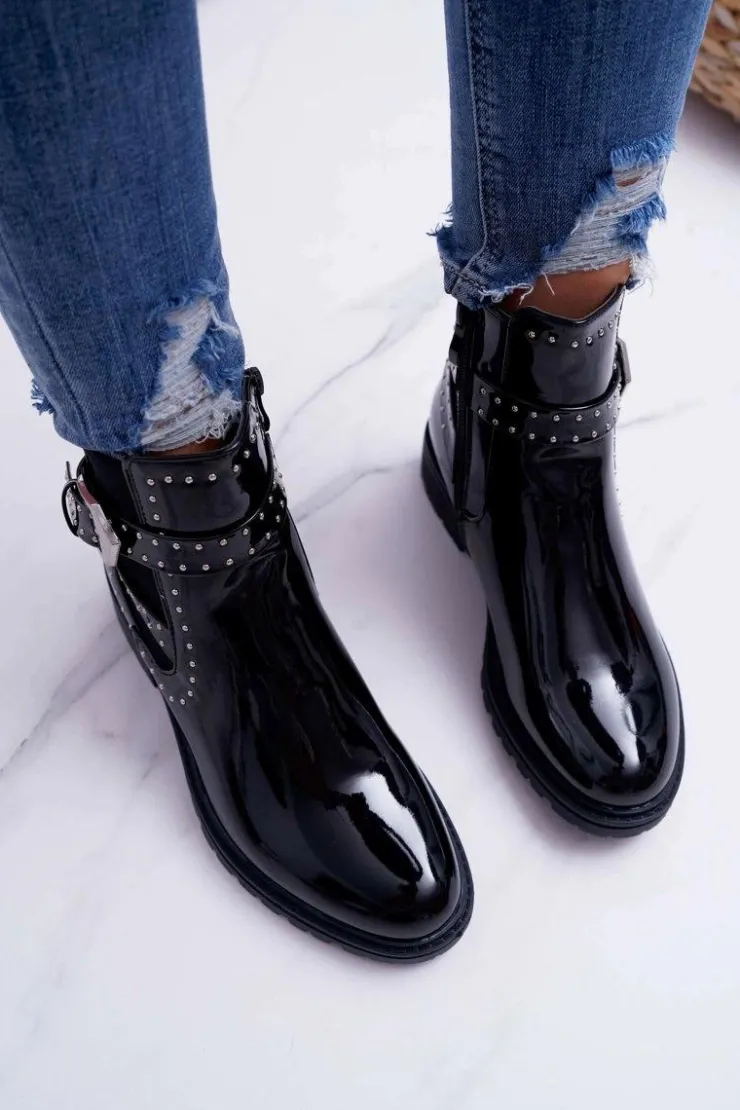 Damskie Boto Botki Damskie Płaski Obcas Ciepłe Lakierowane Czarne Verre