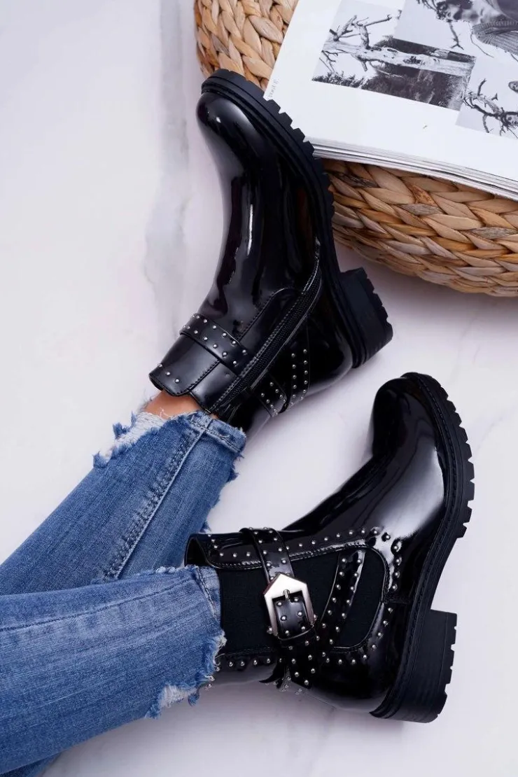 Damskie Boto Botki Damskie Płaski Obcas Ciepłe Lakierowane Czarne Verre