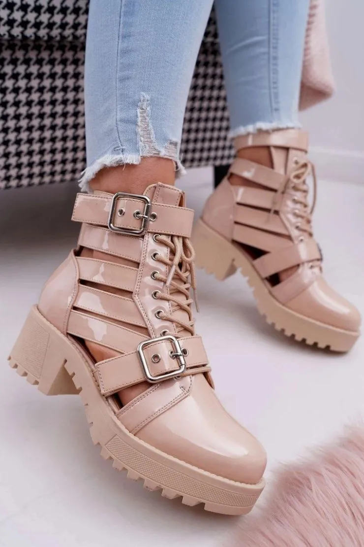 Damskie Boto Botki Damskie Płaski Obcas Wiosenne Lakierowane Beżowe Single