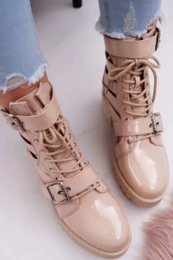 Damskie Boto Botki Damskie Płaski Obcas Wiosenne Lakierowane Beżowe Single