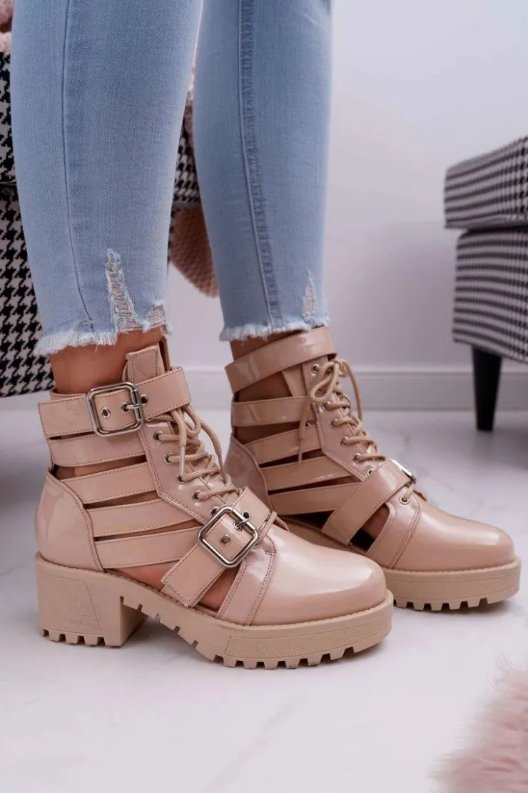 Damskie Boto Botki Damskie Płaski Obcas Wiosenne Lakierowane Beżowe Single