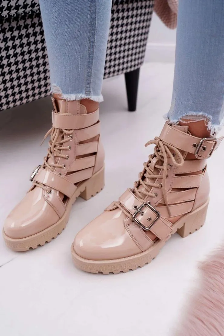 Damskie Boto Botki Damskie Płaski Obcas Wiosenne Lakierowane Beżowe Single