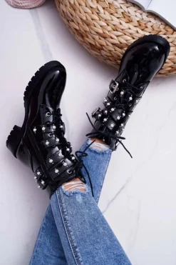 Boto Botki Sznurowane|Botki Zimowe Damskie*Botki Damskie Płaskie Lakierowane Z Perełkami Czarne Domination