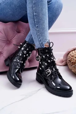 Boto Botki Sznurowane|Botki Zimowe Damskie*Botki Damskie Płaskie Lakierowane Z Perełkami Czarne Domination