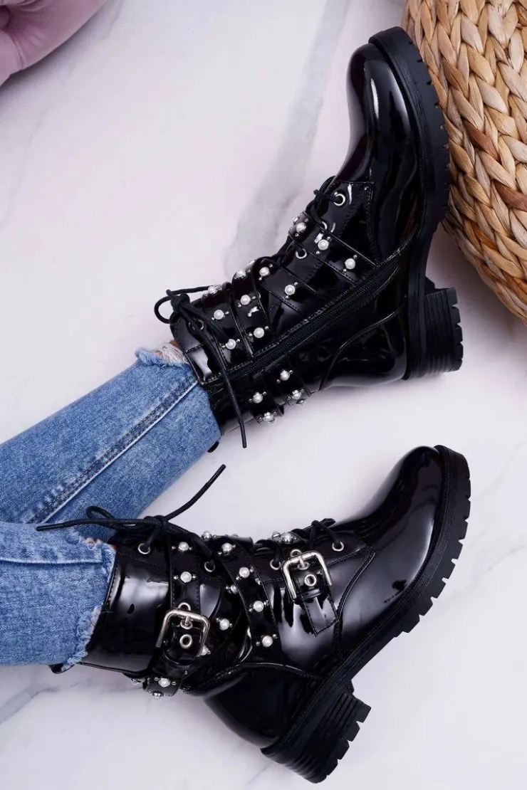 Boto Botki Sznurowane|Botki Zimowe Damskie*Botki Damskie Płaskie Lakierowane Z Perełkami Czarne Domination