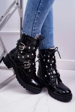 Boto Botki Sznurowane|Botki Zimowe Damskie*Botki Damskie Płaskie Lakierowane Z Perełkami Czarne Domination