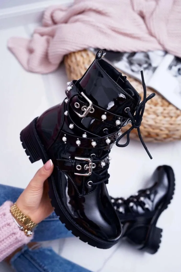 Boto Botki Sznurowane|Botki Zimowe Damskie*Botki Damskie Płaskie Lakierowane Z Perełkami Czarne Domination