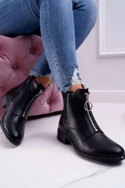 Boto Botki Zimowe Damskie|Botki Płaskie*Botki Damskie Płaskie Ozdobny Suwak Czarne Vermina