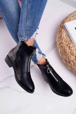 Boto Botki Zimowe Damskie|Botki Płaskie*Botki Damskie Płaskie Ozdobny Suwak Czarne Vermina