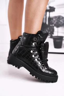 Boto Botki Sznurowane|Czarne Botki*Botki Damskie Płaskie z Językiem Czarne Passa