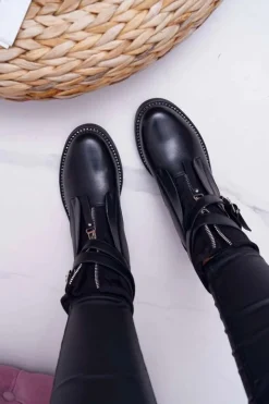 Hot Boto Botki Damskie Płaskie z Kryształkami Klamra Czarne Denovio