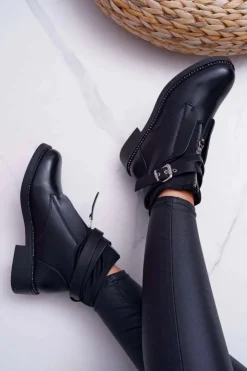 Hot Boto Botki Damskie Płaskie z Kryształkami Klamra Czarne Denovio