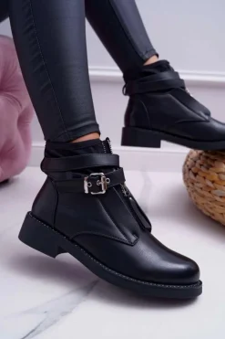 Hot Boto Botki Damskie Płaskie z Kryształkami Klamra Czarne Denovio