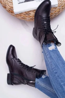 Boto Botki Sznurowane|Botki Zimowe Damskie*Botki Damskie Skóra Naturalna Nicole Czarne 2193