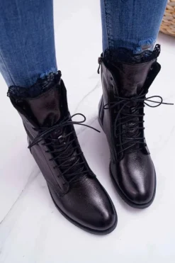 Boto Botki Sznurowane|Botki Zimowe Damskie*Botki Damskie Skóra Naturalna Nicole Czarne 2193