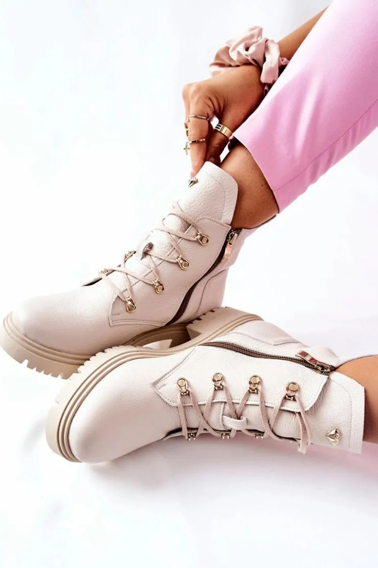 Online Boto Botki Damskie Skórzane Beżowe Nicole 2674