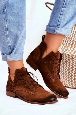 Boto Botki Wiosenne|Brązowe I Beżowe Botki*Botki Damskie Skórzane Camel Low Meridan